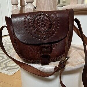 Handmade Vintage Tooled And Woven Leather Crossbody Bag in Deep Rich Brown